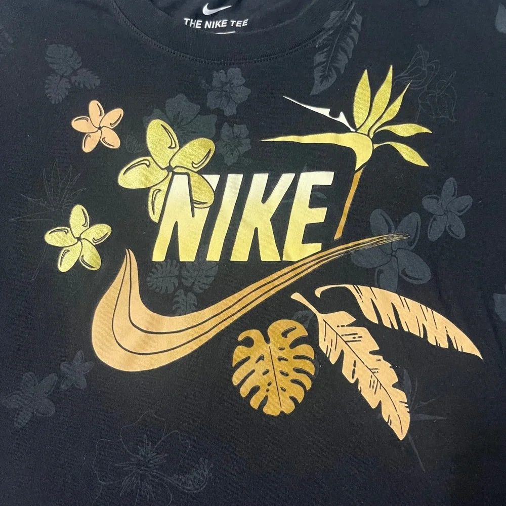 Nike Mens Black Gold Tropical Floral Graphic T-Shirt Small Short Sleeve Tee